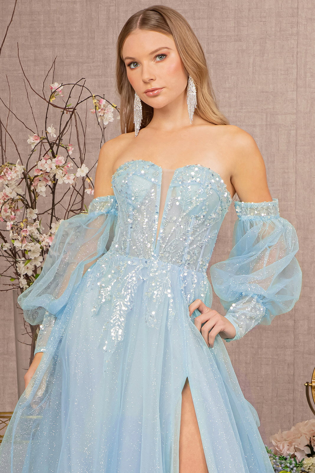 JVN08421 Lace A Line Prom Dress Plunging Neckline Mesh insert