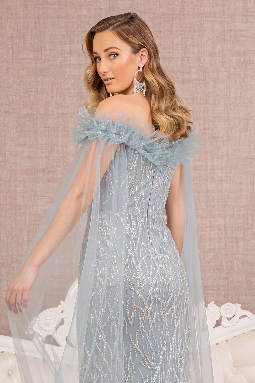 Sequin Bead Strapless Mesh Mermaid Dress Side Long Mesh Layer GLGL3120-PROM-smcfashion.com