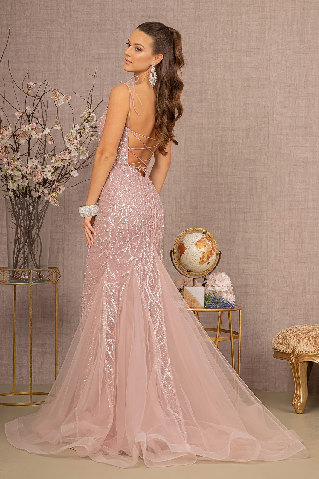 Sequin Bead Lace up Back Trumpet w Mesh Tail Long Prom Dress GLGL3121