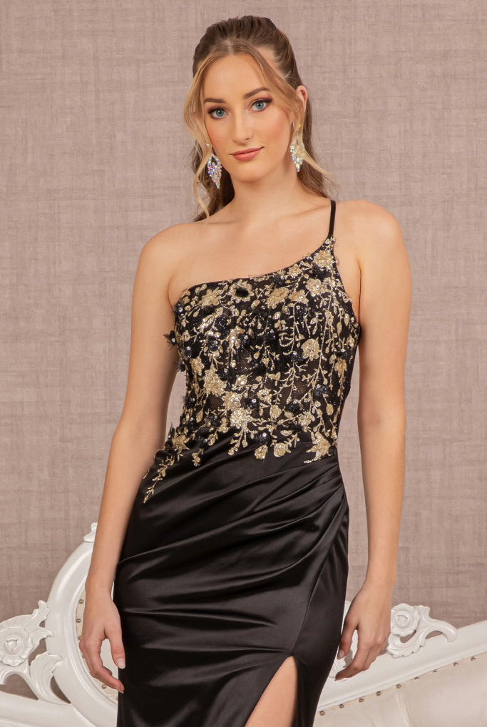 Strapless Sheer Bodice Glitter Satin Mermaid Dress Ruched Back GLGL3125-Prom Dress-smcfashion.com