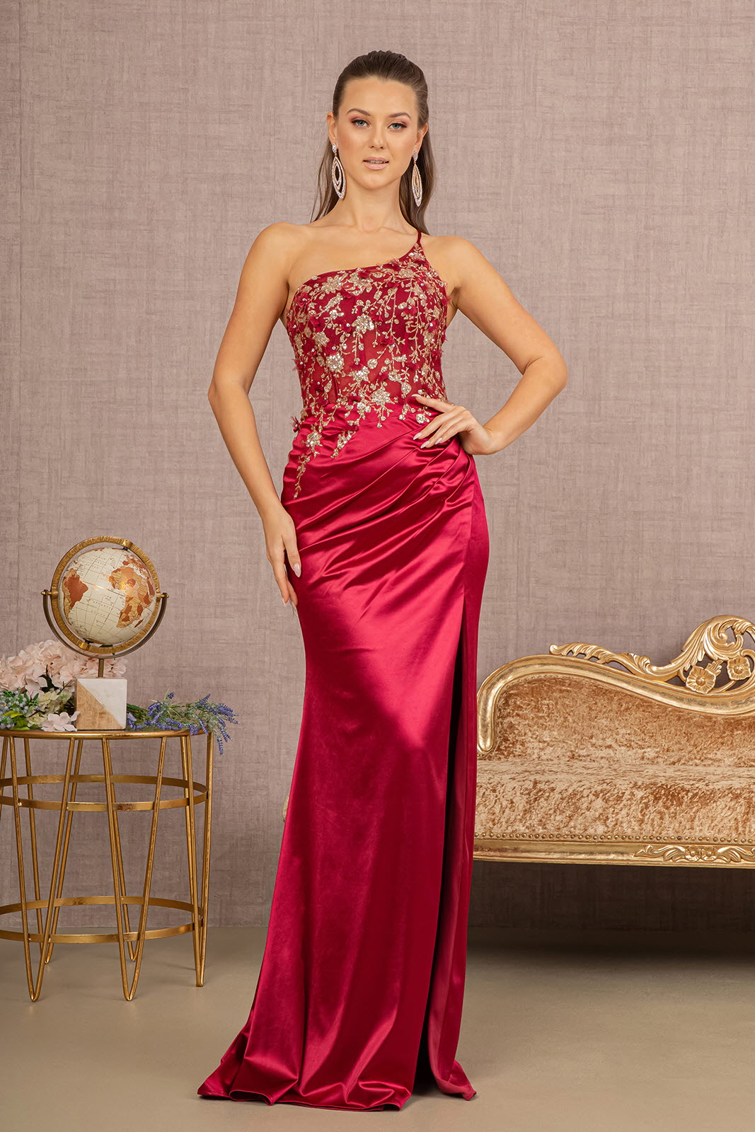 Strapless Sheer Bodice Glitter Satin Mermaid Dress Ruched Back GLGL3125-Prom Dress-smcfashion.com