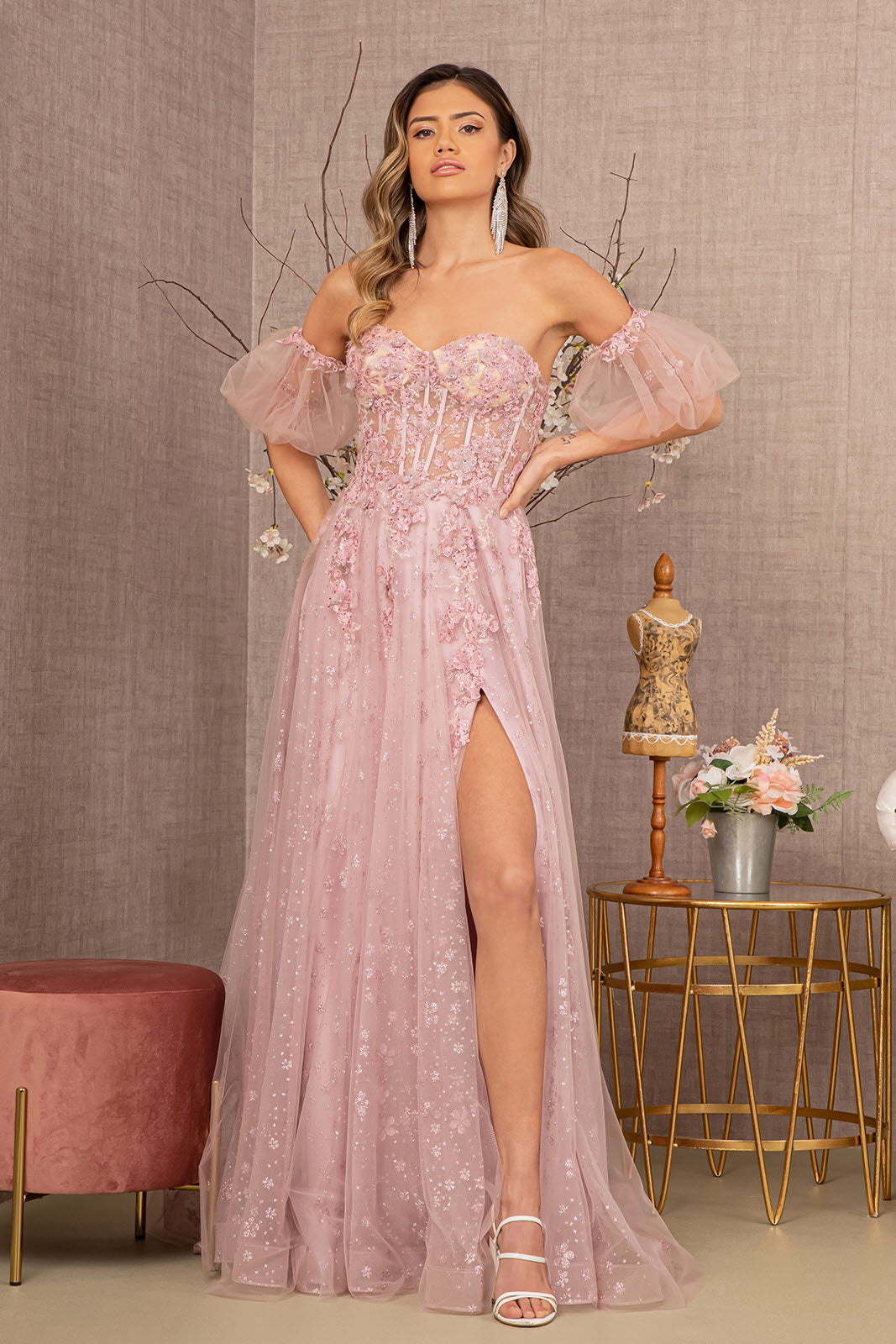 Dusty Rose Sequined Bodice w/ Double Layered Mesh Dress - Pink