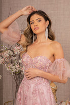 Strapless Sheer Bodice Mesh A-Line Dress Detachable Short Mesh Sleeves GLGL3126-Prom Dress-smcfashion.com