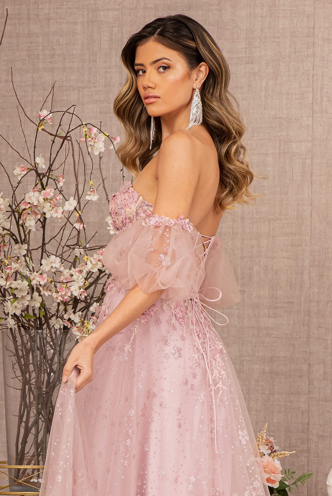 Strapless Sheer Bodice Mesh A-Line Dress Detachable Short Mesh Sleeves GLGL3126-Prom Dress-smcfashion.com