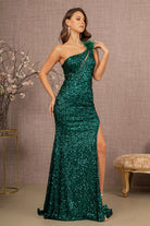 Sheer Bodice Sequin Mesh Mermaid Dress Feather on Shoulder GLGL3129-Prom Dress-smcfashion.com
