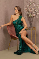 Sheer Bodice Sequin Mesh Mermaid Dress Feather on Shoulder GLGL3129-Prom Dress-smcfashion.com