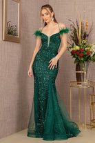 Sheer Bodice Sequin Glitter Trumpet Dress Feather on Straps GLGL3130-PROM-smcfashion.com