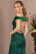 Sheer Bodice Sequin Glitter Trumpet Dress Feather on Straps GLGL3130-PROM-smcfashion.com