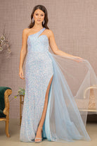 Sequin Glitter Asymmetric Mermaid Dress Long Waist Mesh Layer GLGL3133-Prom Dress-smcfashion.com