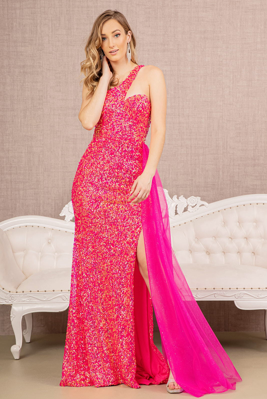 Sequin Glitter Asymmetric Mermaid Dress Long Waist Mesh Layer GLGL3133-Prom Dress-smcfashion.com