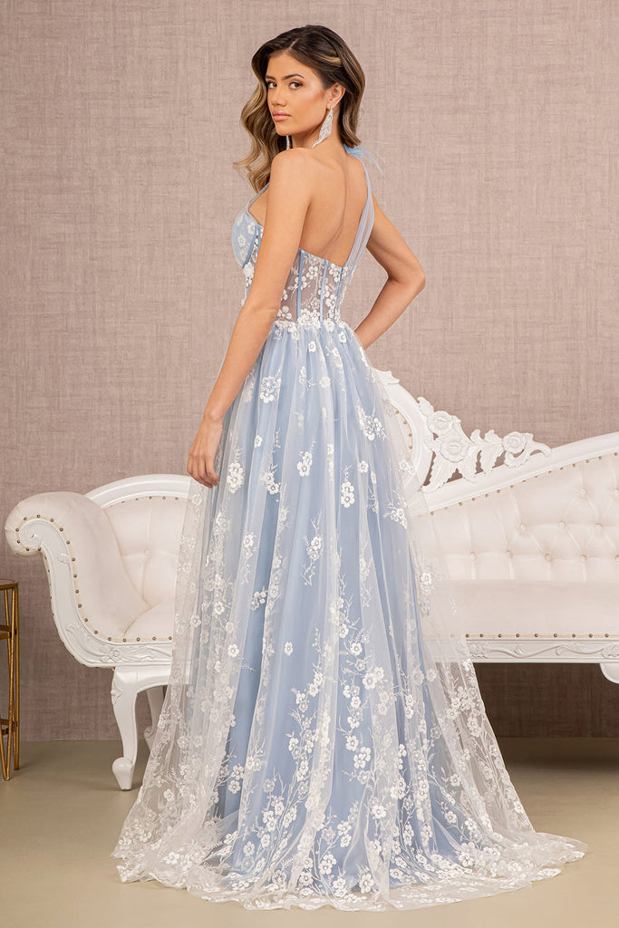Feather Sheer Bodice Asymmetric A-line Dress Flower Applique GLGL3134