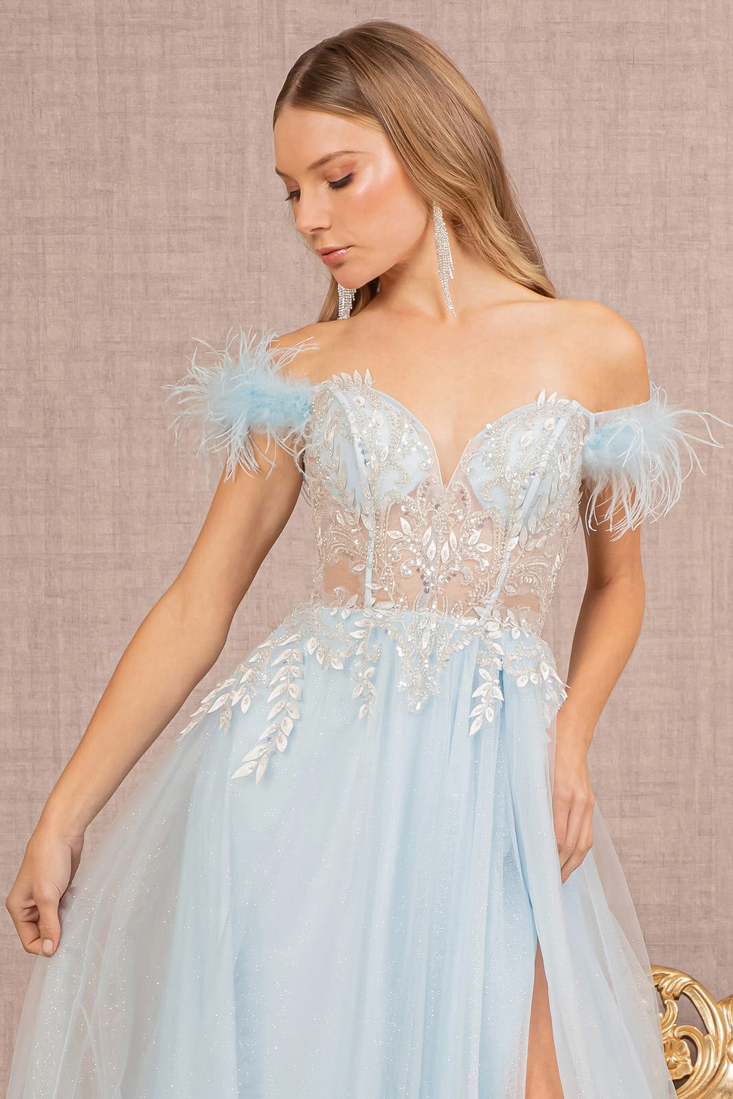 Feather Straps Sheer Bodice Glitter Sequin Mesh A-line Dress GLGL3135-PROM-smcfashion.com
