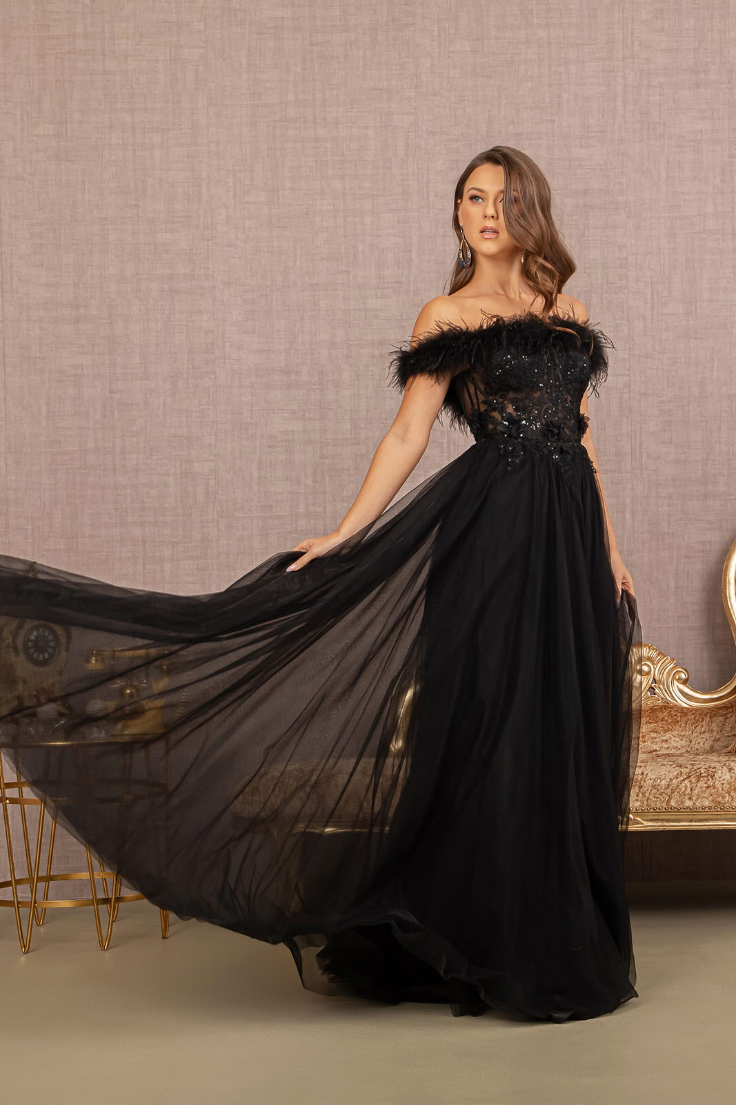 Embroidery Sheer Front Mesh A-line Dress Feather Embellishment GLGL3138-PROM-smcfashion.com