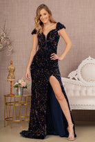 Sequin Off Shoulder Lace-up Back Velvet Mermaid Dress GLGL3148-Prom Dress-smcfashion.com