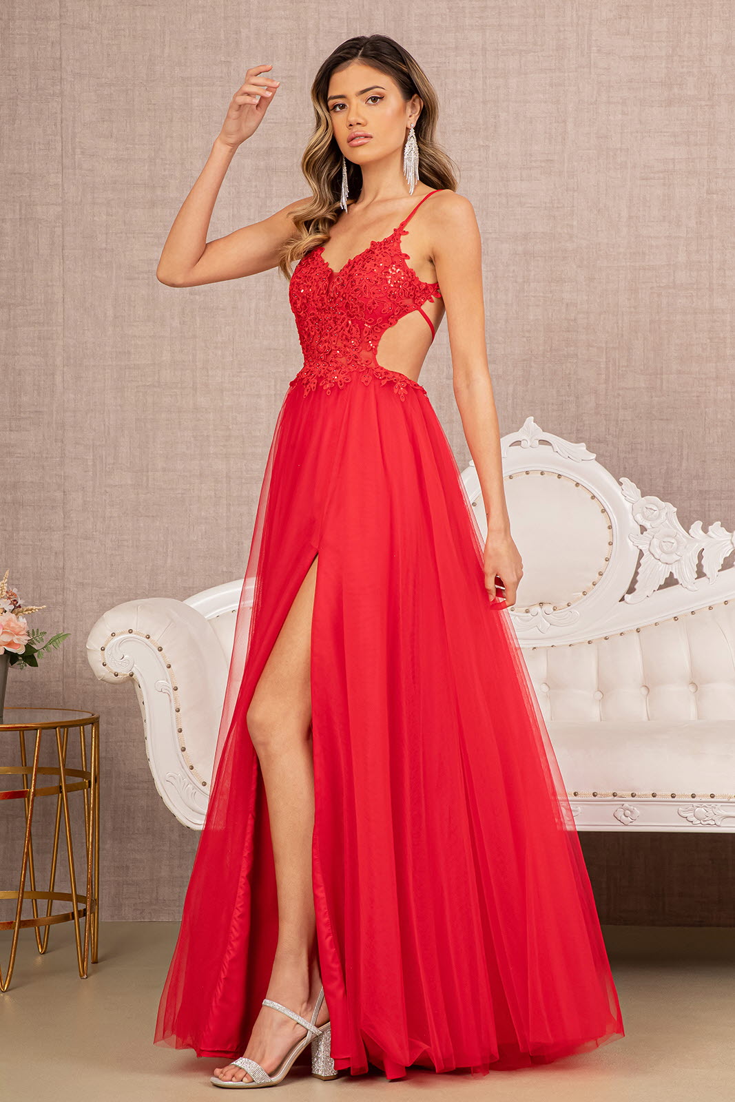 Beaded Sheer Lace Cut-out Thigh Split Prom Dress - Xdressy