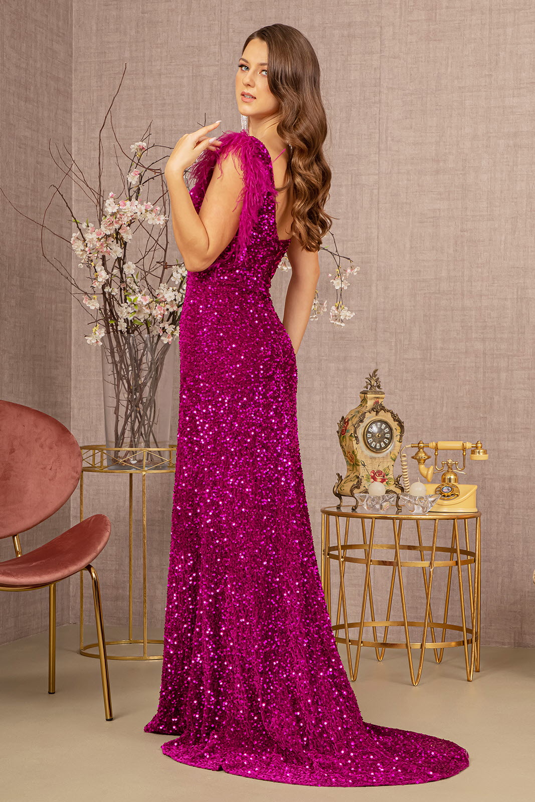 Asymmetric Sleeveless Feather Sequin Velvet Mermaid Dress GLGL3154-PROM-smcfashion.com