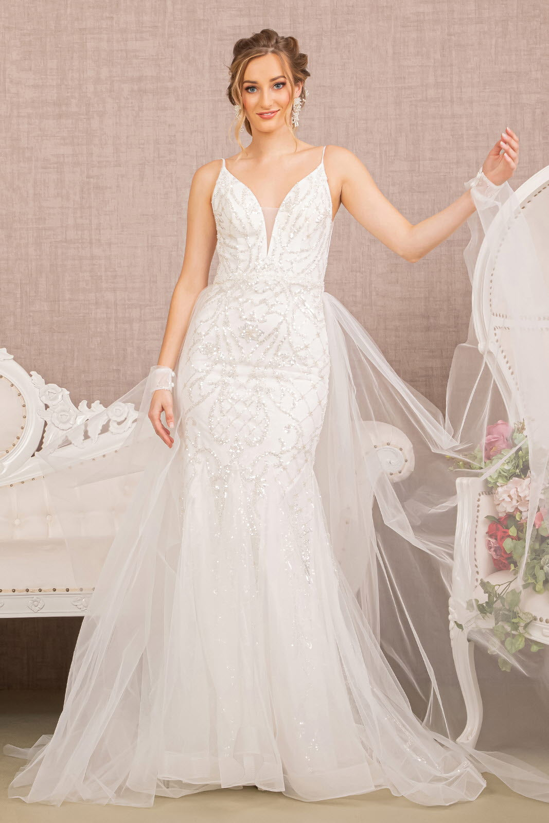 Jewel Bead Wedding Dress Detachable Waist Long Mesh Layer GLGL3157-WEDDING GOWNS-smcfashion.com