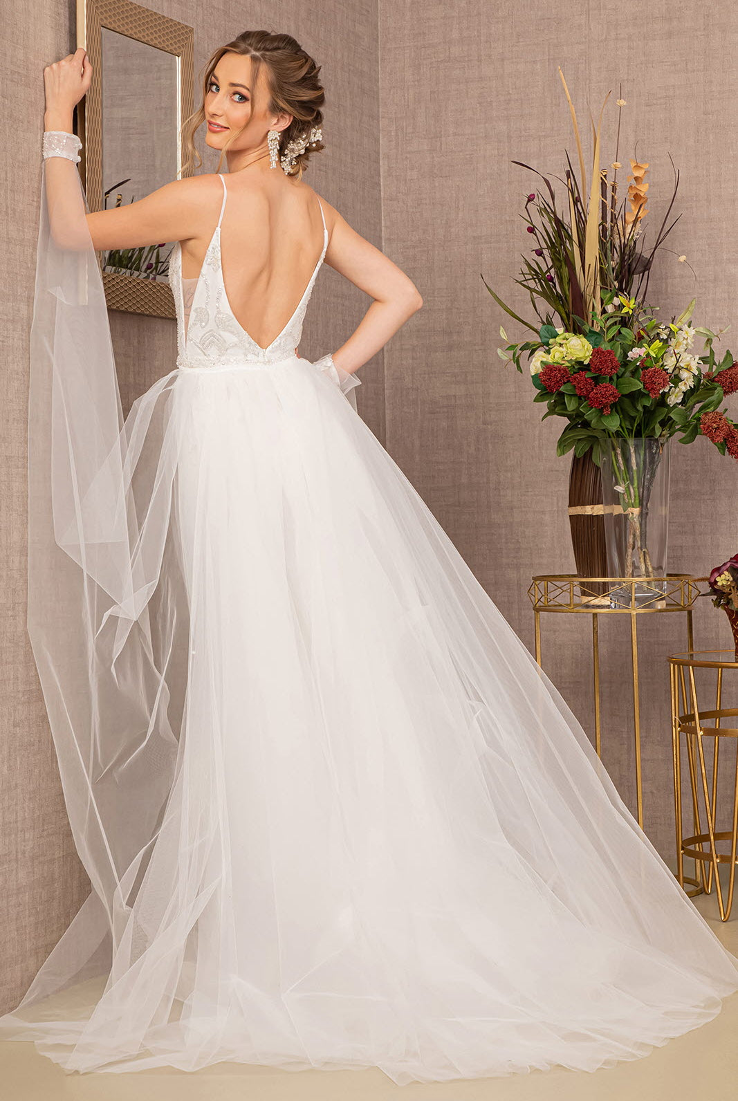 Jewel Bead Wedding Dress Detachable Waist Long Mesh Layer GLGL3157-WEDDING GOWNS-smcfashion.com