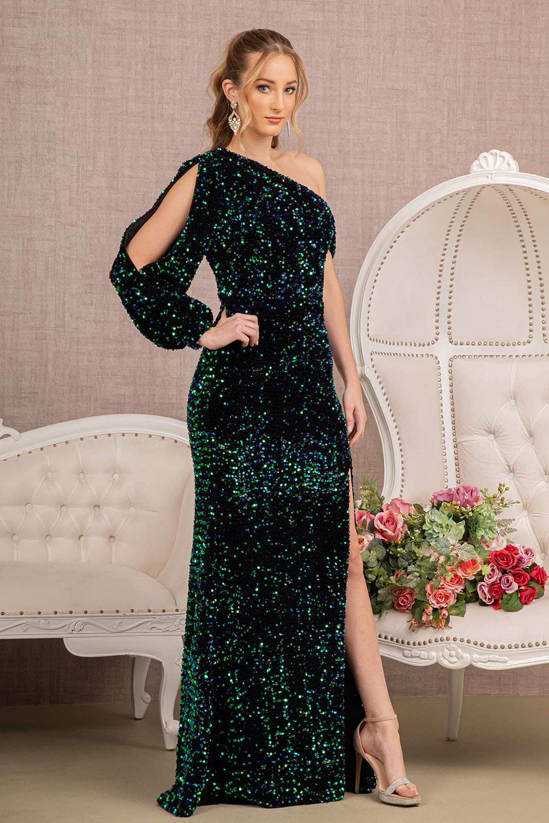 Sequin Asymmetric Velvet Festive Mermaid Gown w/ One Long Puff Sleeve smcfashion.com Sequin Asymmetric Velvet Festive Mermaid Gown w/ One Long Puff Sleeve smcfashion.com