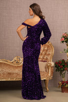 Sequin Asymmetric Velvet Mermaid Dress One Long Puff Sleeve GLGL3159-PROM-smcfashion.com