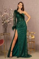 Ruched Bodice Mesh Mermaid Dress One Long Mesh Sleeve GLGL3160-PROM-smcfashion.com