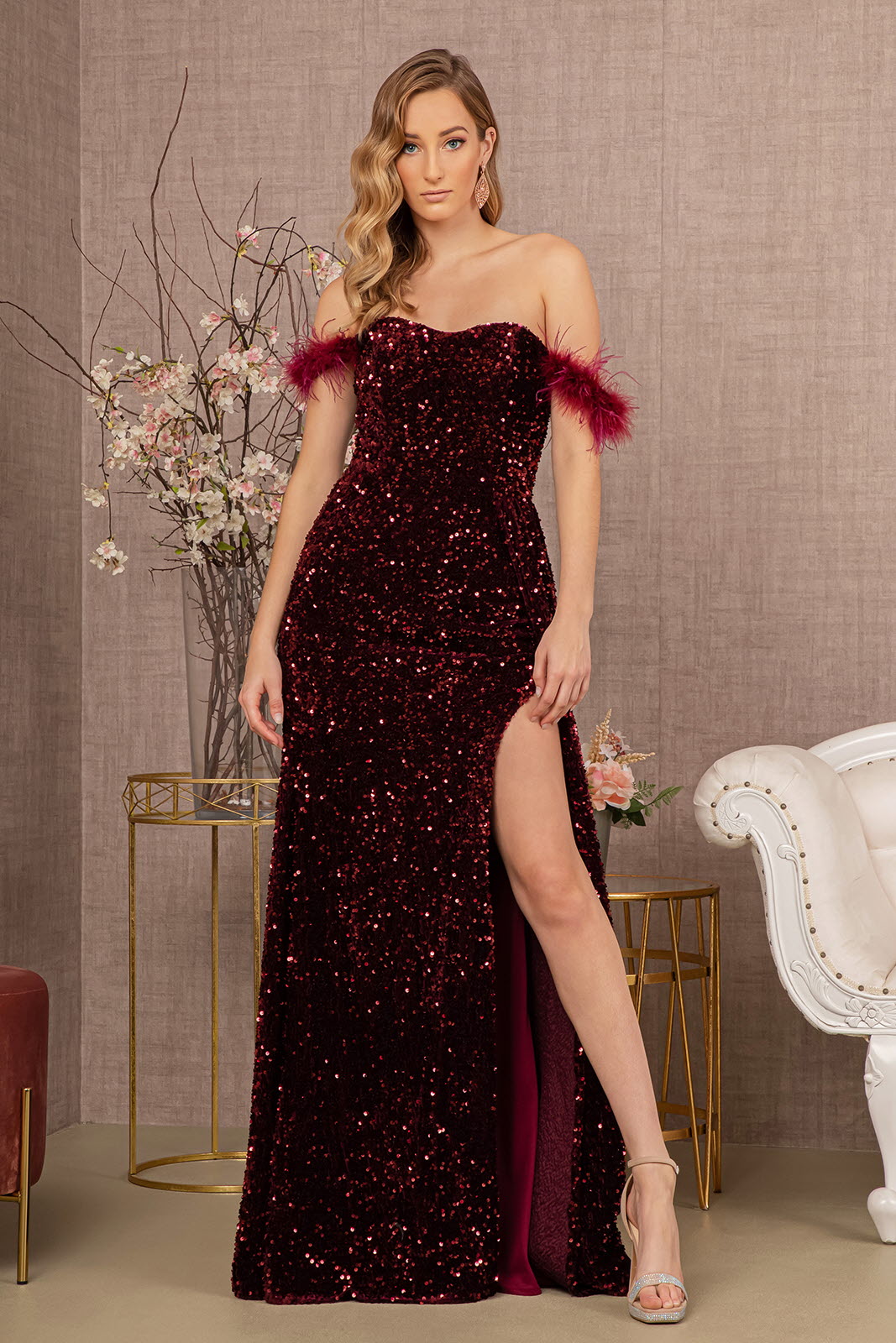 Feather Sequin Velvet Mermaid Dress Velvet Side Waist Layer GLGL3163-PROM-smcfashion.com