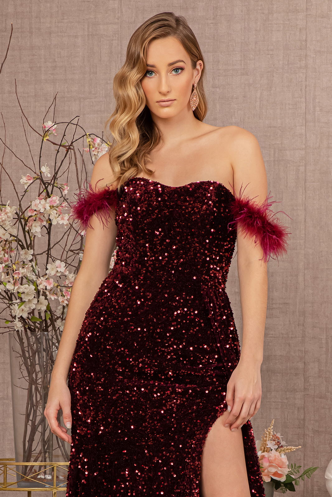Feather Sequin Velvet Mermaid Dress Velvet Side Waist Layer GLGL3163-PROM-smcfashion.com