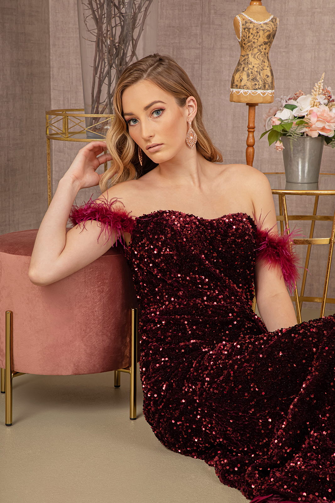 Feather Sequin Velvet Mermaid Dress Velvet Side Waist Layer GLGL3163-PROM-smcfashion.com