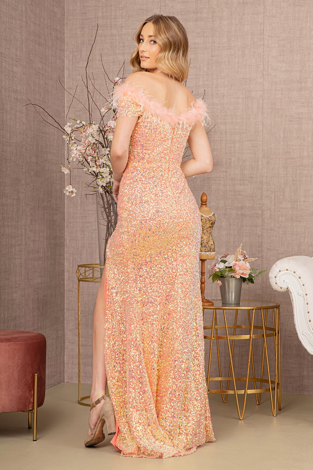 Sequin Off Shoulder Mesh Mermaid Dress Feather on Neckline GLGL3164-PROM-smcfashion.com