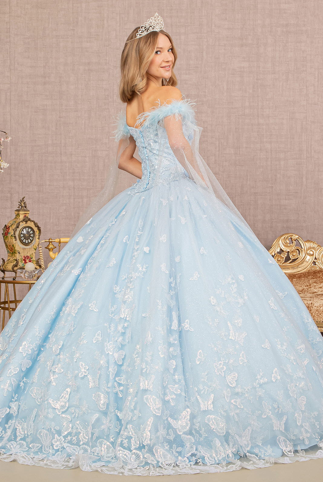 Feather 3-D Flower Quinceanera Gown Detachable Side Mesh Layer GLGL3166-QUINCEANERA-smcfashion.com