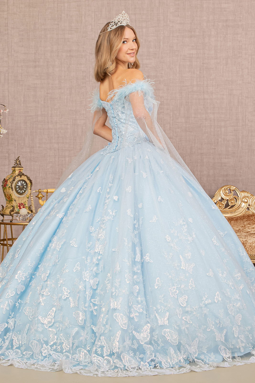 Feather 3D Flower w/ Detachable Side Mesh Layer Long Quinceanera Dress smcfashion.com Feather 3D Flower w/ Detachable Side Mesh Layer Long Quinceanera Dress smcfashion.com