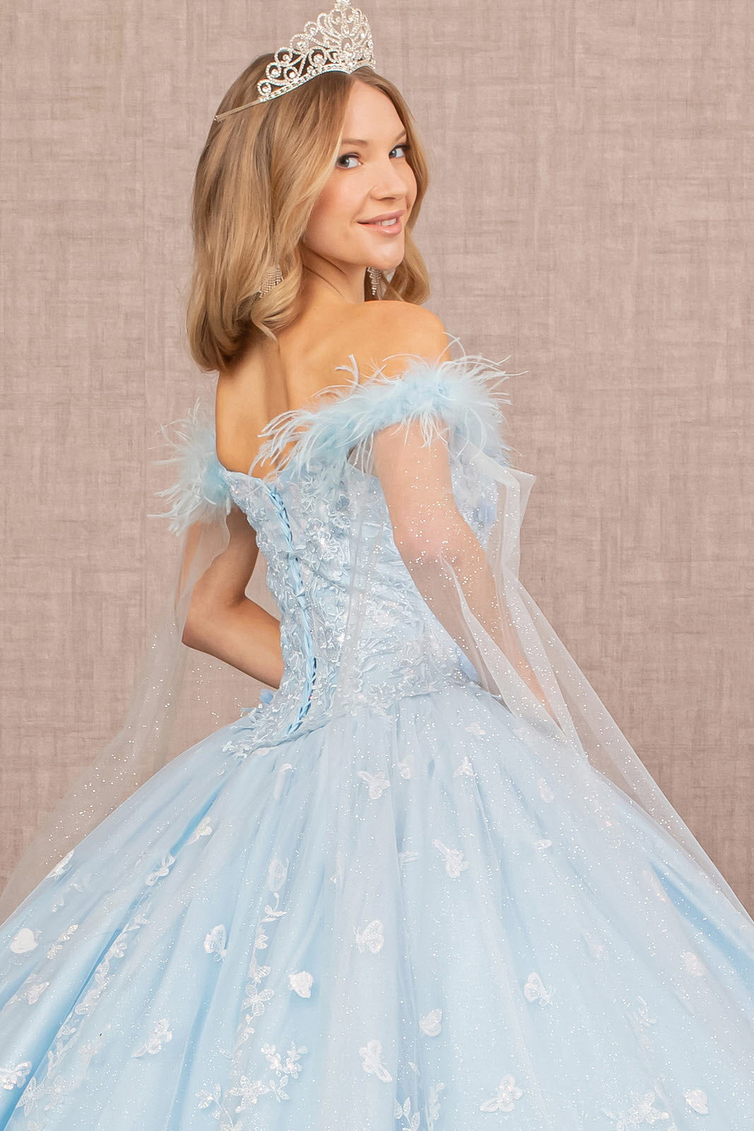Feather 3D Flower w/ Detachable Side Mesh Layer Long Quinceanera Dress smcfashion.com Feather 3D Flower w/ Detachable Side Mesh Layer Long Quinceanera Dress smcfashion.com