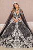 Floral Pattern Glitter Quinceanera Gown Long Mesh Cape GLGL3168