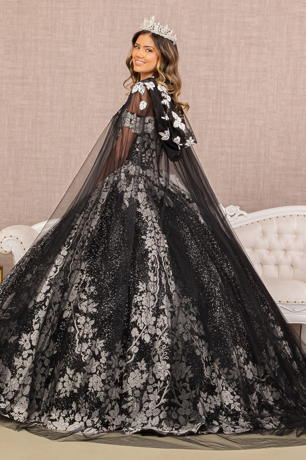 Floral Pattern Glitter w/ Long Mesh Cape Long Quinceanera Dress GLGL31 smcfashion.com Floral Pattern Glitter w/ Long Mesh Cape Long Quinceanera Dress GLGL31 smcfashion.com