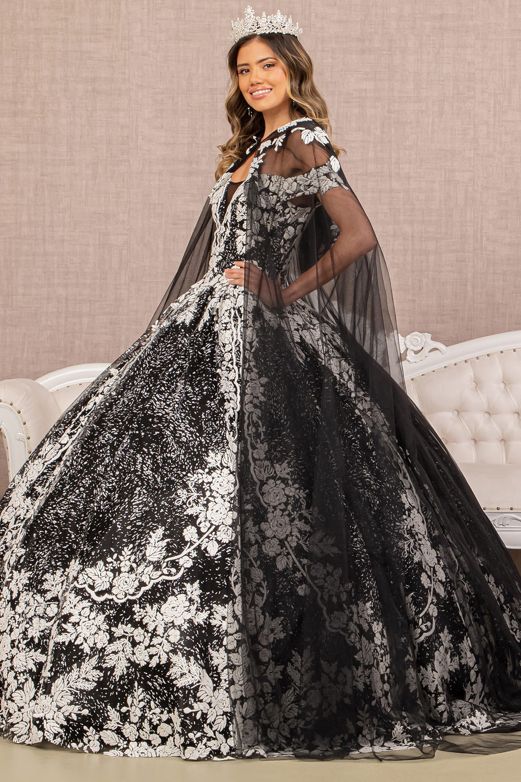 Floral Pattern Glitter Quinceanera Gown Long Mesh Cape GLGL3168-QUINCEANERA-smcfashion.com