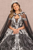 Floral Pattern Glitter Quinceanera Gown Long Mesh Cape GLGL3168