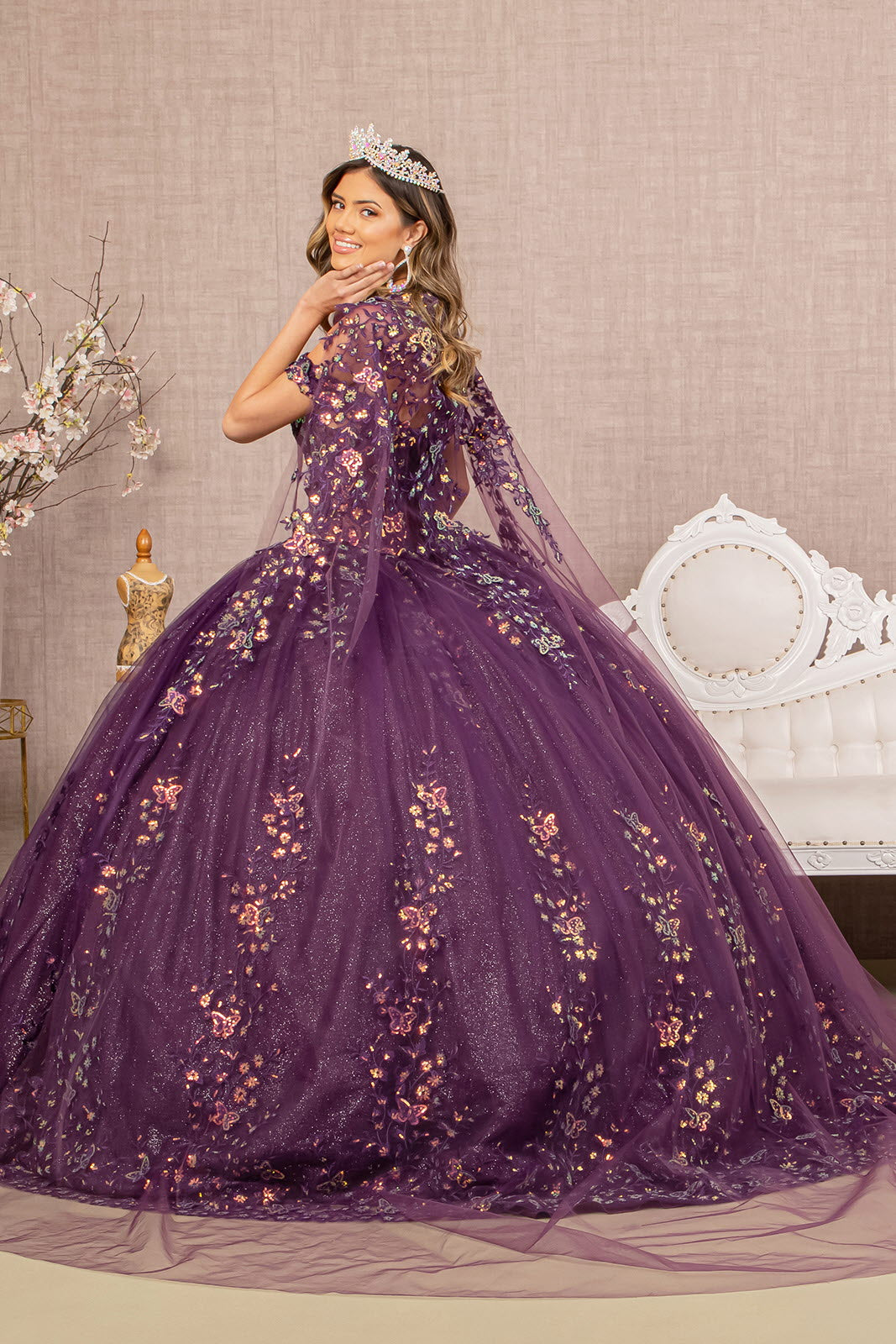 3D Butterfly Sheer Bodice w/ Long Mesh Cape Quinceanera Dress GLGL3171 smcfashion.com 3D Butterfly Sheer Bodice w/ Long Mesh Cape Quinceanera Dress GLGL3171 smcfashion.com