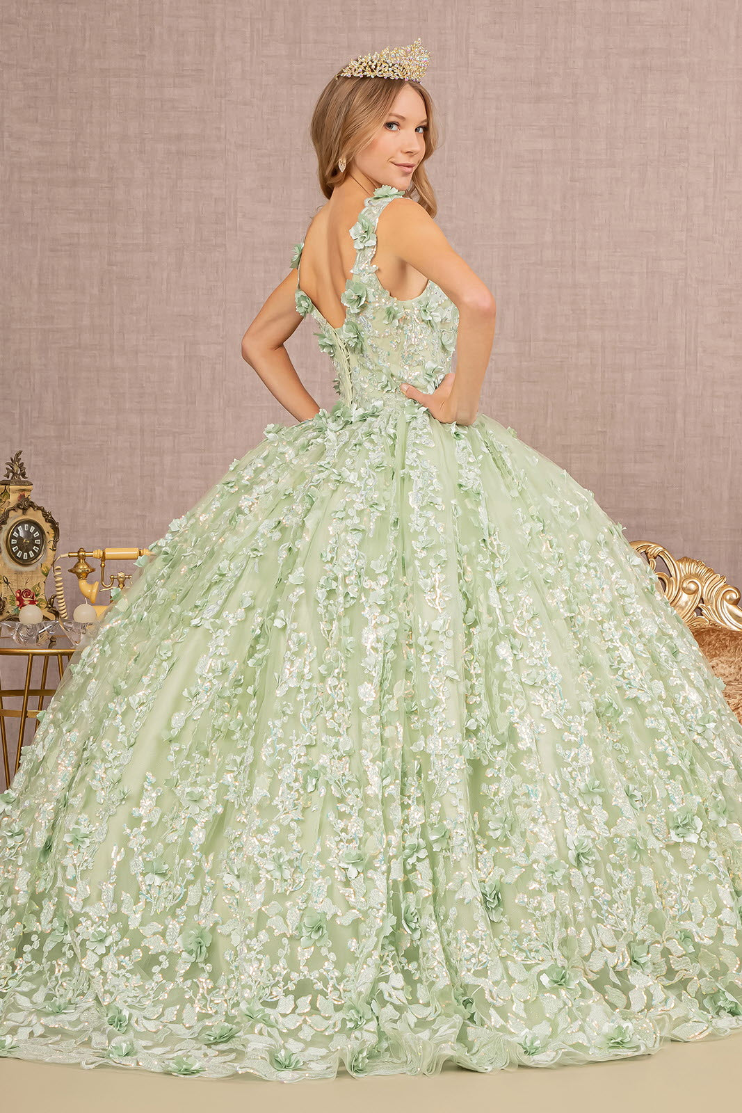 mesh ball dress Metallic 3 d butterfly big ribbon mesh ball gown w waist drape GLGL3318 smcfashion.com