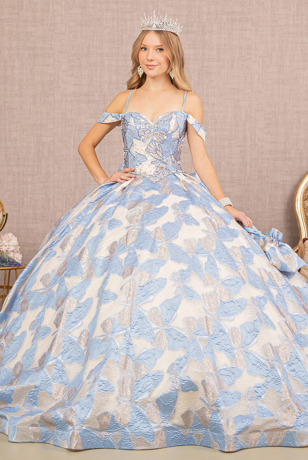 Ribbon Jewel Quinceanera Gown Long Mesh Tail and Mini Bag GLGL3174-QUINCEANERA-smcfashion.com