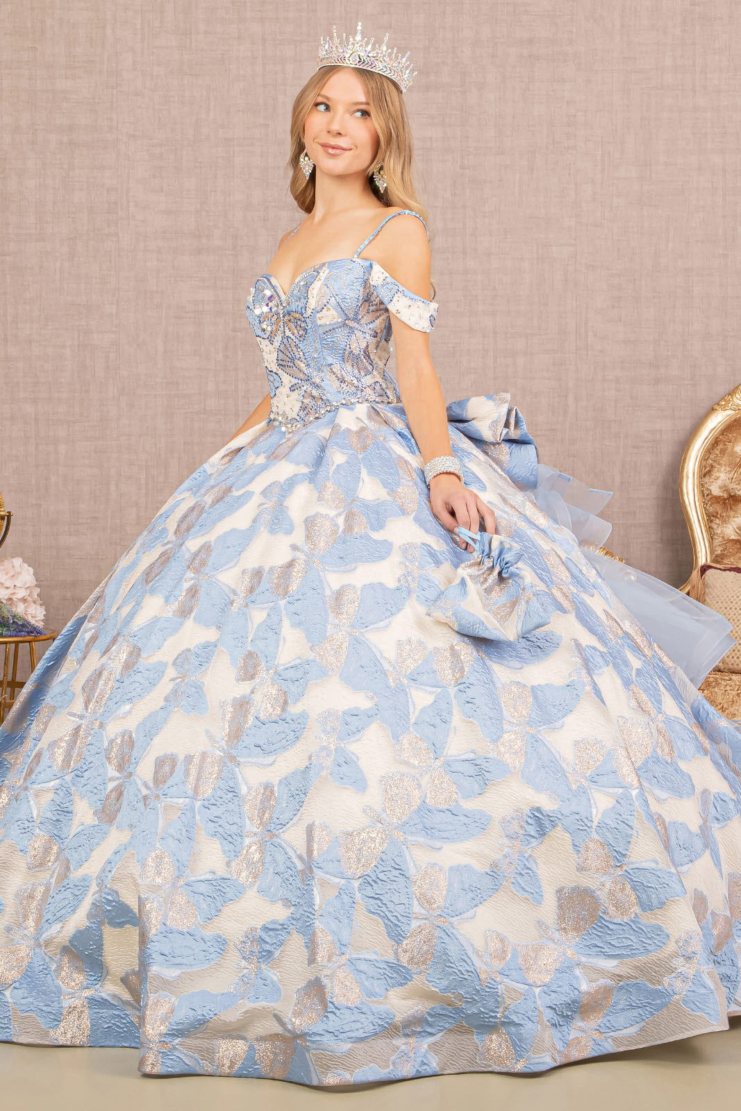 Ribbon Jewel Quinceanera Gown Long Mesh Tail and Mini Bag GLGL3174-QUINCEANERA-smcfashion.com