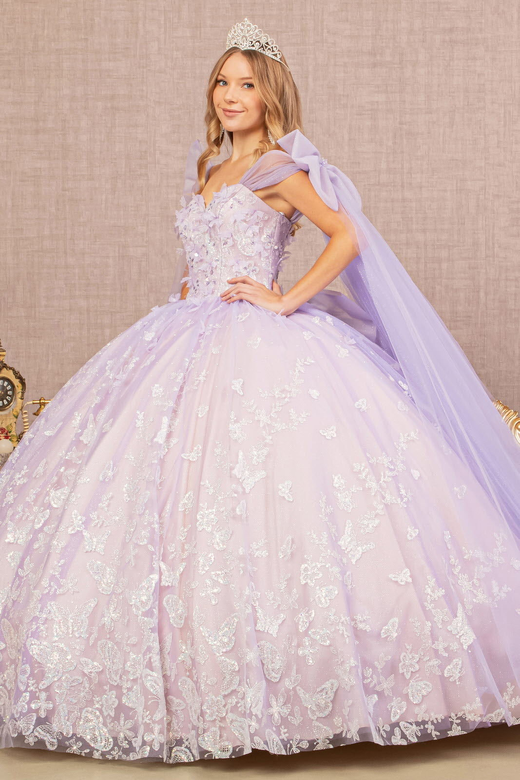 Jewel Glitter w/ Long Mesh Layer and Ribbons Long Quinceanera Dress GL smcfashion.com Jewel Glitter w/ Long Mesh Layer and Ribbons Long Quinceanera Dress GL smcfashion.com