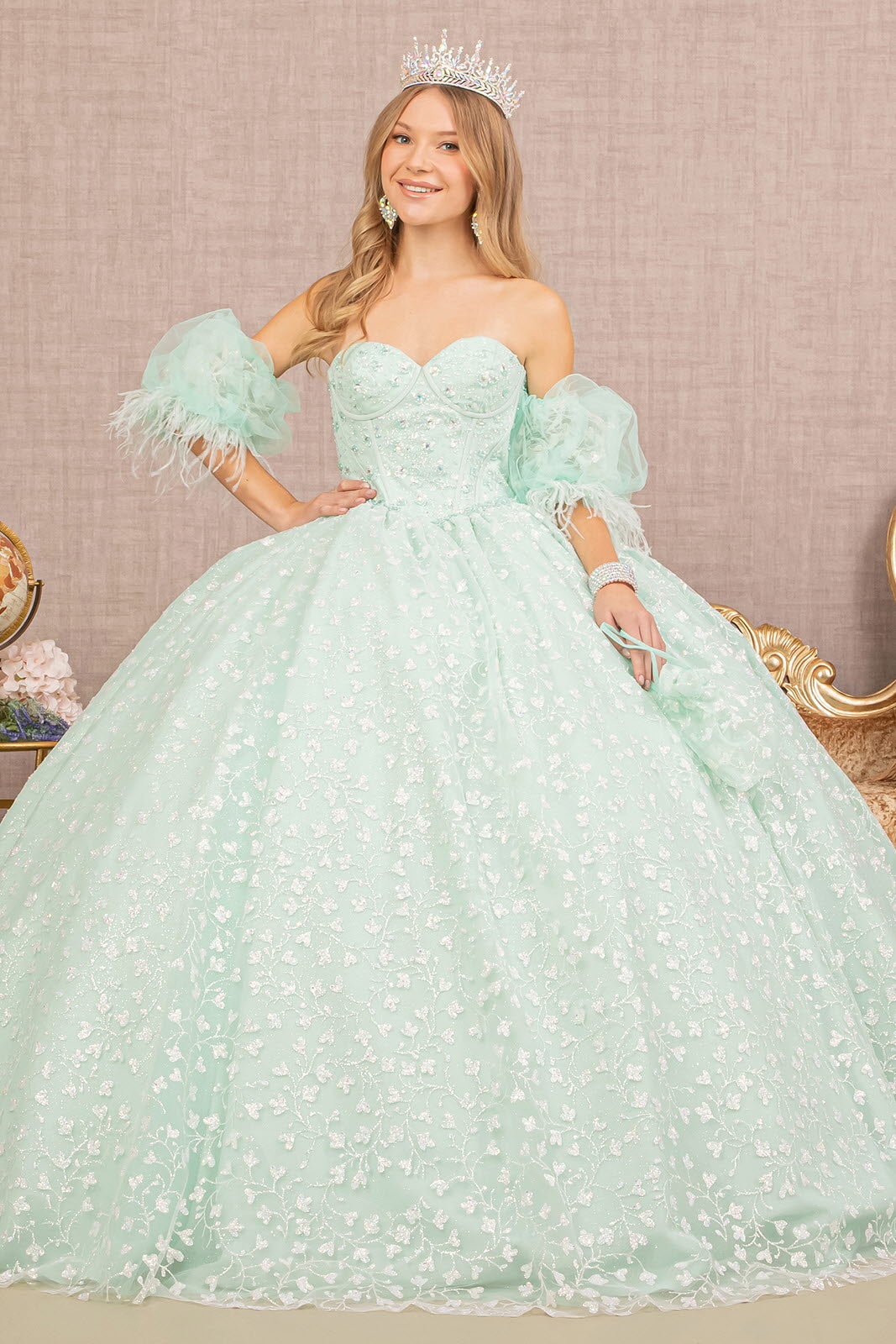 Jewel Strapless Quinceanera Gown Detachable Short Puff Sleeves GLGL3176-QUINCEANERA-smcfashion.com