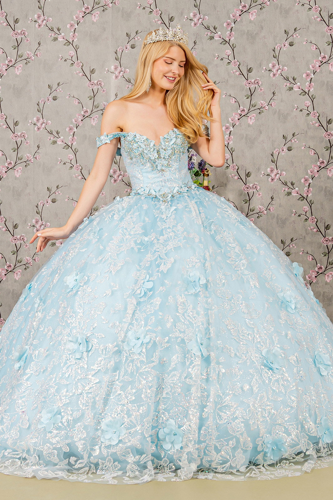 Jewel Mesh Quinceanera Gown w/ 3-D Butterfly Appliques and Long