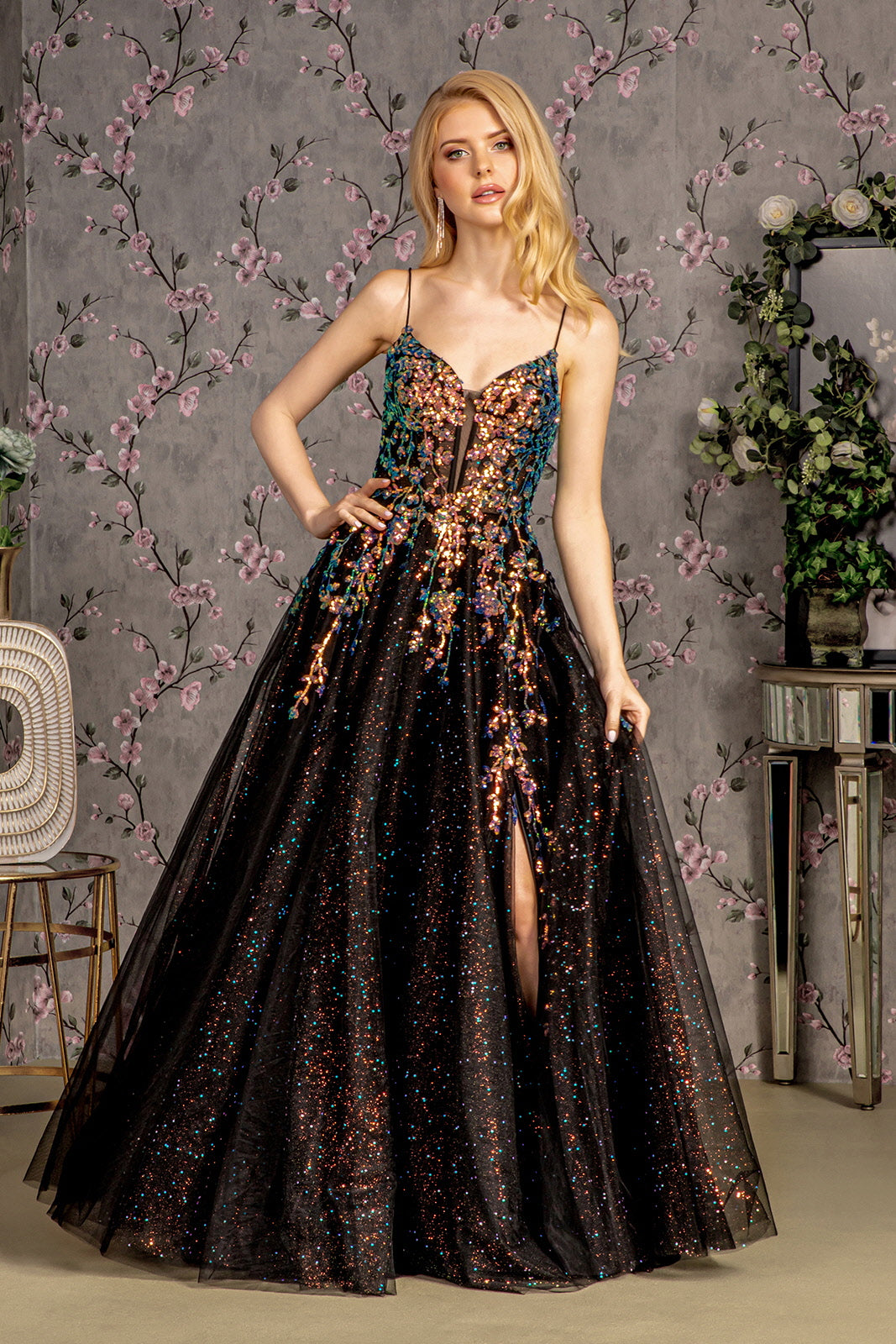 Glitter Illusion Sweetheart Sheer Bodice Mesh A line Long Prom