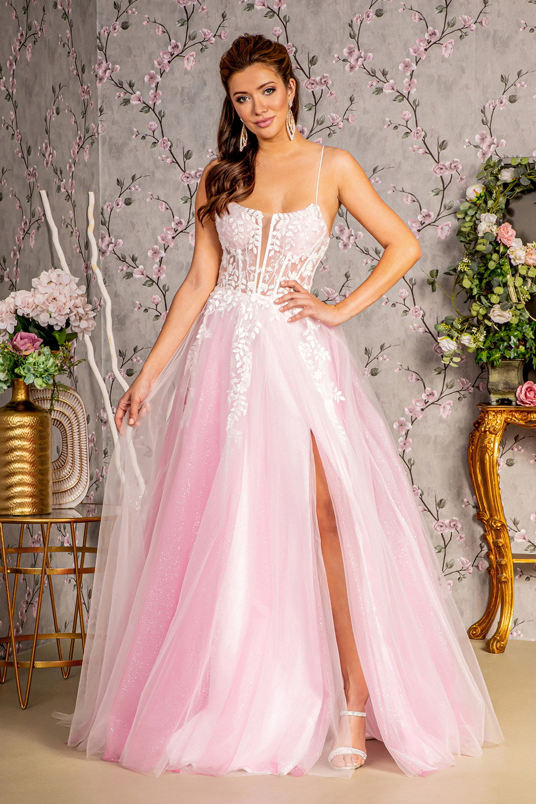 Embroidery Sequin Sheer Bodice Mesh A-line Long Prom Dress