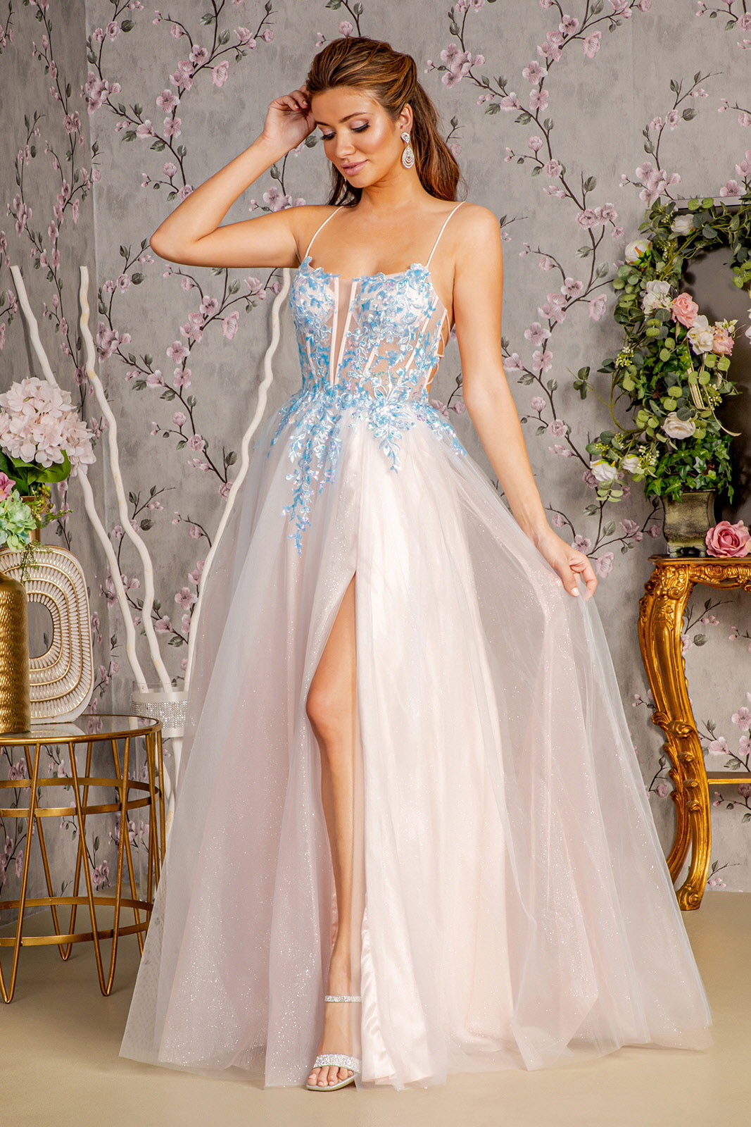 Sequin Glitter Sheer Bodice Illusion Sweetheart A line Mesh Long Prom