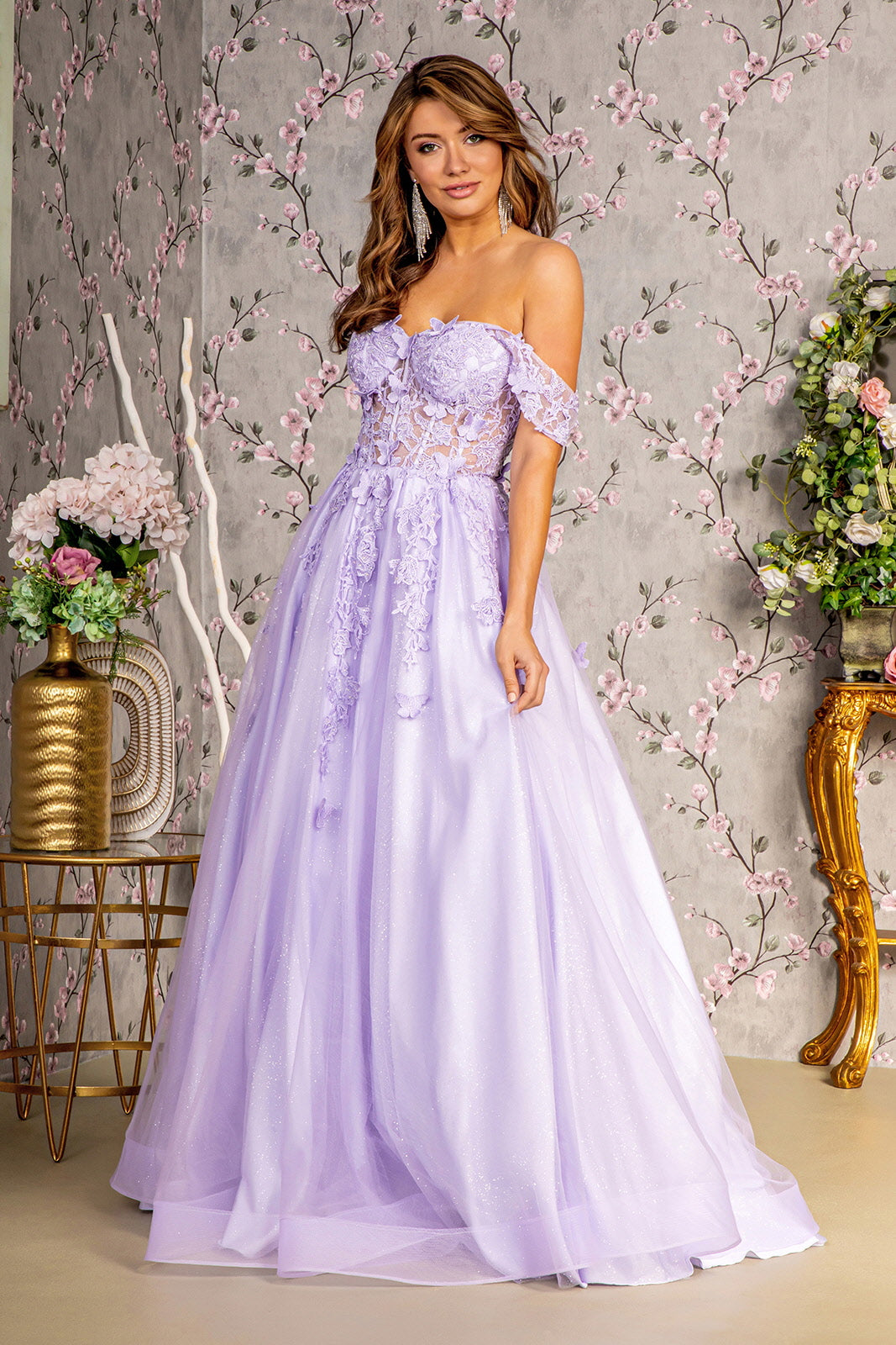 3D Butterfly Bead Sheer Bodice Mesh A-line Long Prom Dress