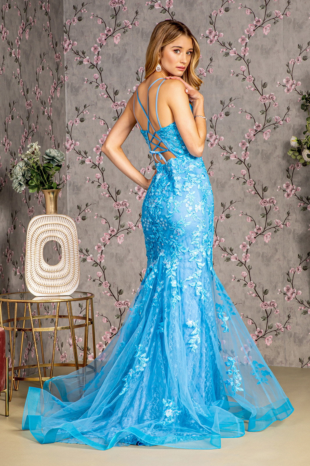 Floral Embroidery Sequin Sheer Bodice Mesh Mermaid Long Prom Dress GLG