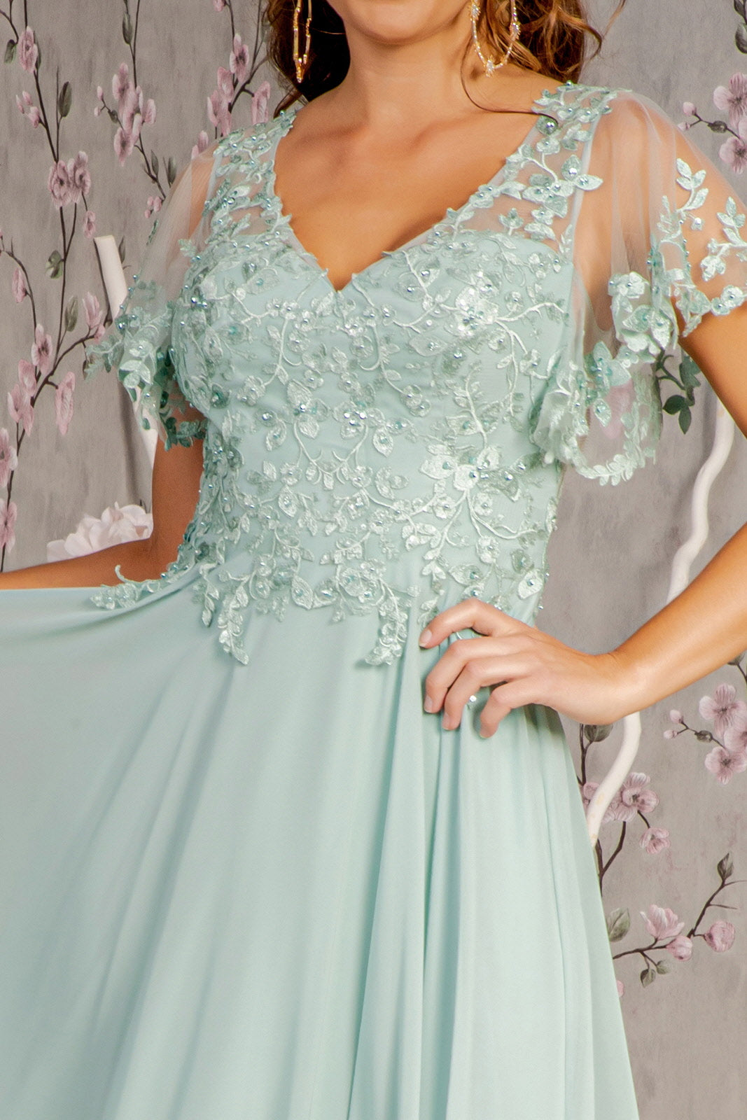 3D Flower Embroidery Chiffon A-line Sheer Short Sleeves Long