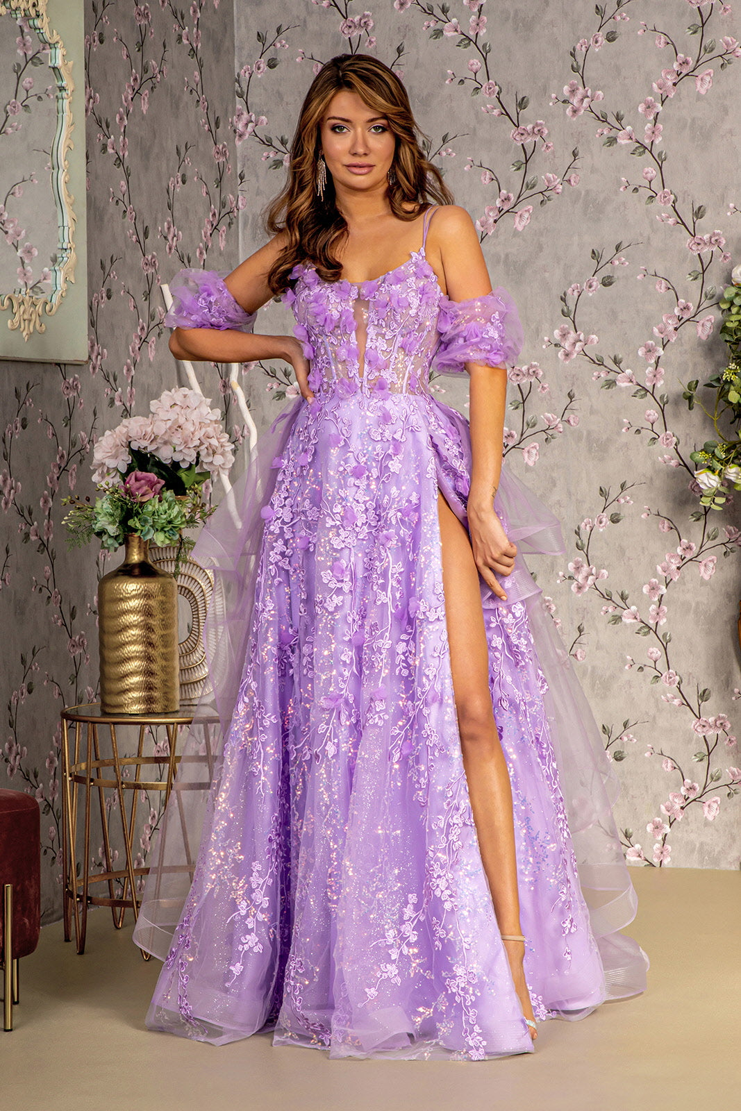 3D Flower Puff Sleeves Mesh A-line w/ Detachable Waist Drape